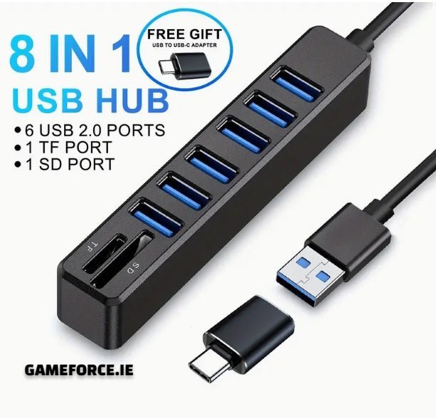 ARES 8 In 1 Hub, USB Splitter, 6-Port USB Hub, External Combi USB 2.0 Hub, SD/TF Card Reader, Multi-Function Card Reader Compatible With MacBook Pro/Air USB C Laptops And Other Type C Devices. - TECHDIRECT GAMEFORCE.IE - Ireland - Carlow - Dublin - Cork