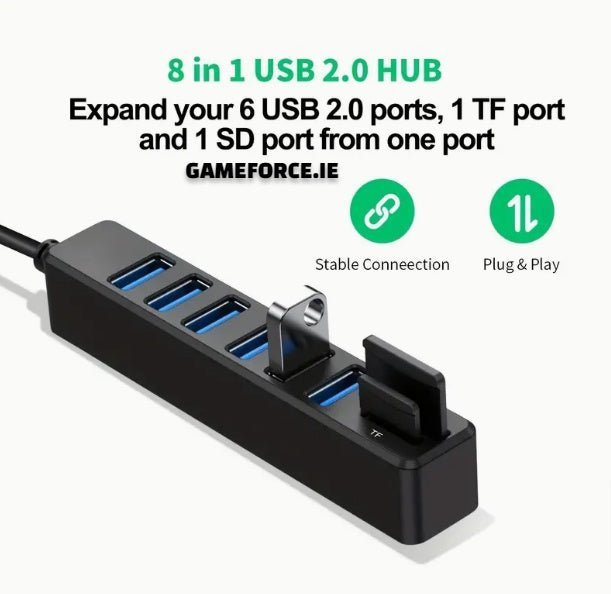 ARES 8 In 1 Hub, USB Splitter, 6-Port USB Hub, External Combi USB 2.0 Hub, SD/TF Card Reader, Multi-Function Card Reader Compatible With MacBook Pro/Air USB C Laptops And Other Type C Devices. - TECHDIRECT GAMEFORCE.IE - Ireland - Carlow - Dublin - Cork