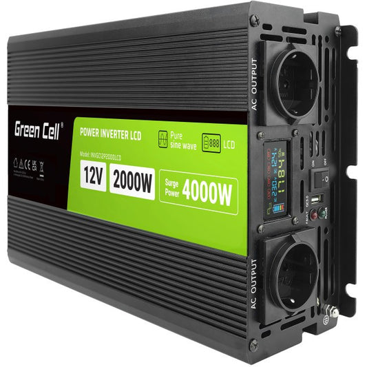 Green Cell PowerInverter LCD 12V to 230V 2000W/40000W car inverter with LCD display - pure sine wave