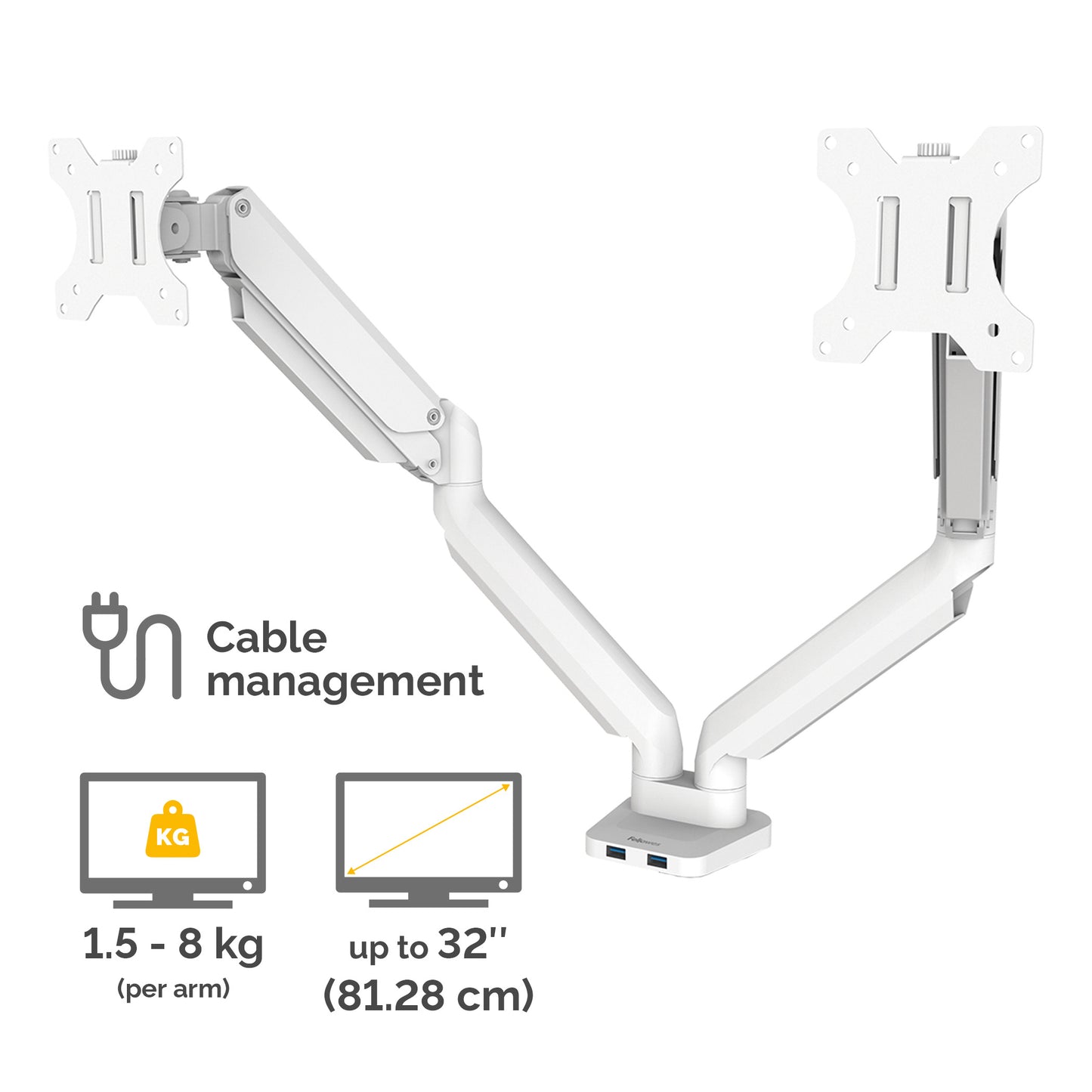 Fellowes Platinum Series Dual Monitor Arm - Monitor Mount for Two 8KG 32 Inch Screens - Adjustable Dual Monitor Desk Mount - Tilt 45° Pan 180° Swivel 360° Rotation 360°, VESA 75 x 75/100 x 100 - White