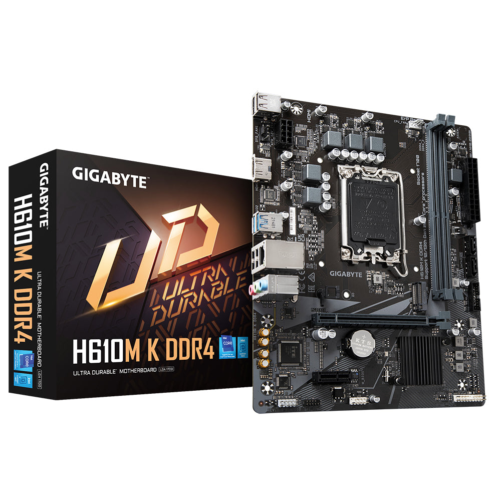 GIGABYTE H610M K DDR4 Motherboard - Supports Intel Core 14th Gen CPUs, up to 3200MHz DDR4, 1xPCIe 3.0 M.2, GbE LAN, USB 3.2 Gen 1