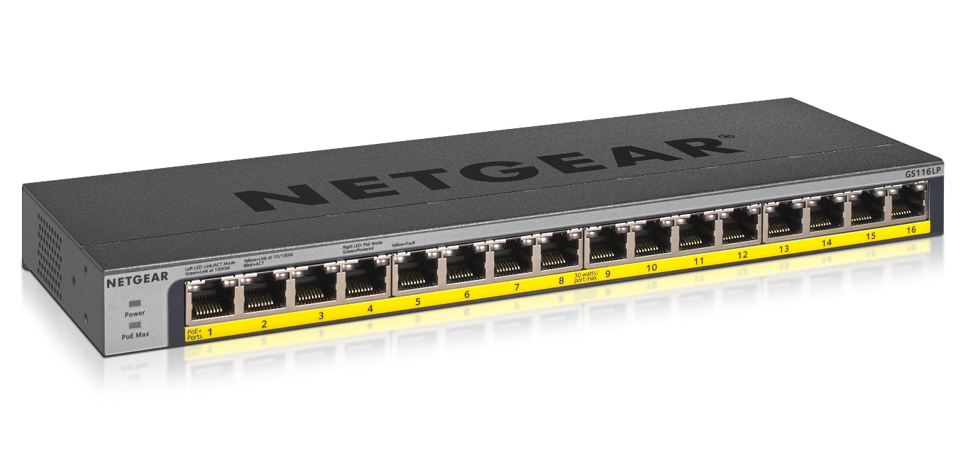 NETGEAR GS116LP Unmanaged Gigabit Ethernet (10/100/1000) Power over Ethernet (PoE) Black