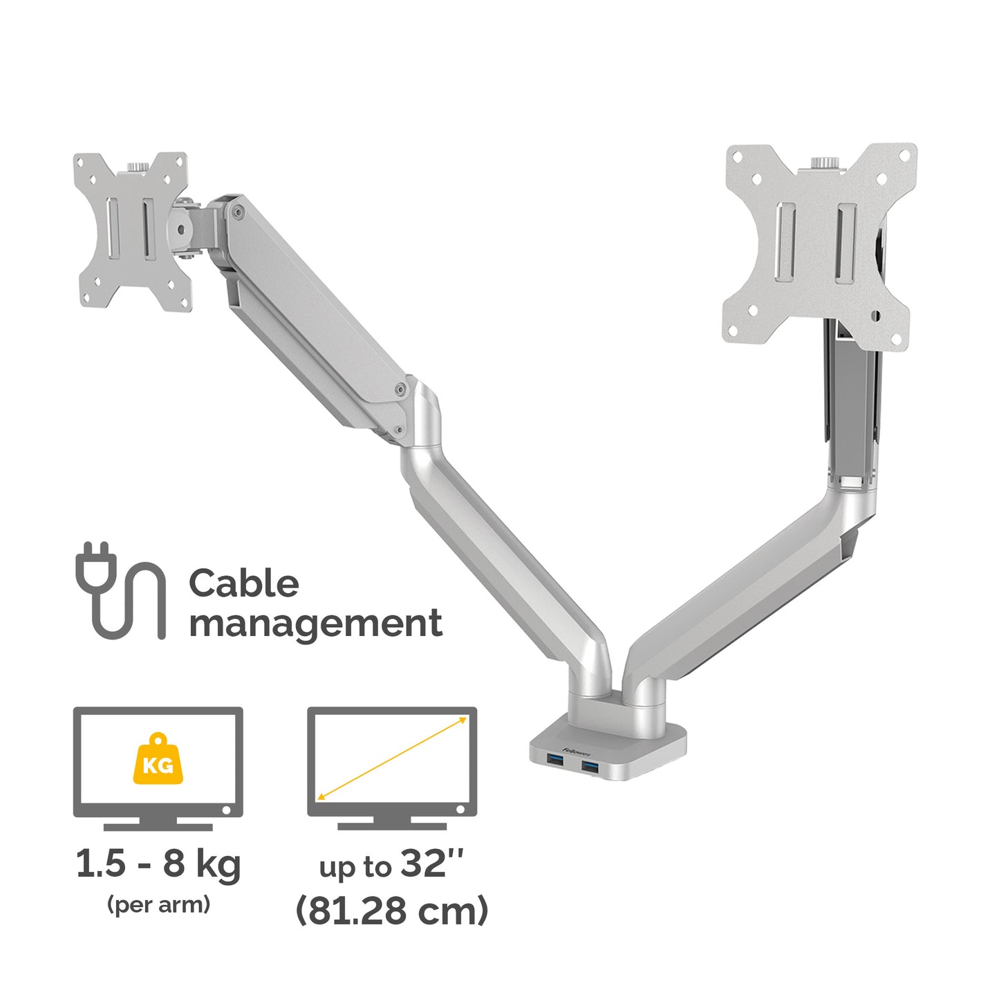 Fellowes Platinum Series Dual Monitor Arm - Monitor Mount for Two 8KG 32 Inch Screens - Adjustable Dual Monitor Desk Mount - Tilt 45° Pan 180ᵒ Swivel 360ᵒ Rotation 360ᵒ, VESA 75 x 75/100 x 100 - Silver