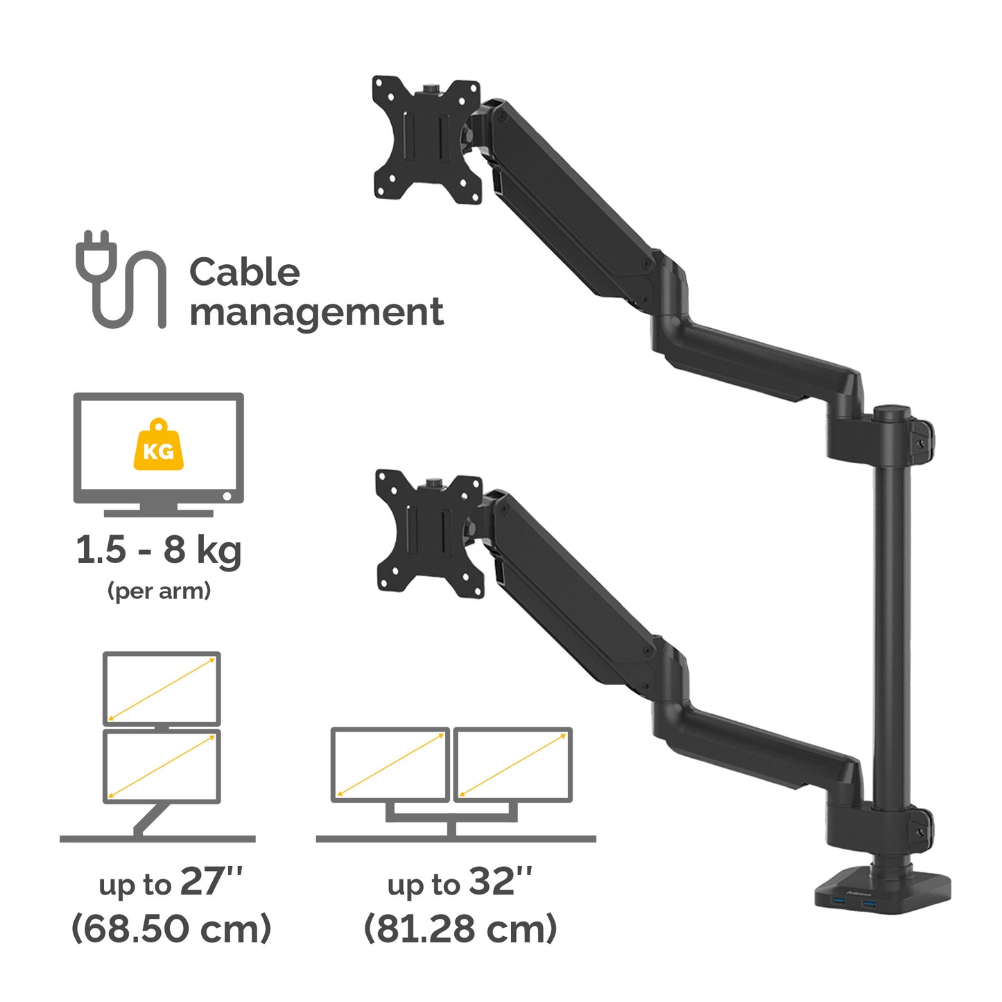 Fellowes Platinum Series Dual Stacking Monitor Arm - Monitor Mount for Two 8KG 27 Inch Screens - Adjustable Dual Monitor Desk Mount - Tilt 45° Pan 180° Swivel 360° Rotation 360°, VESA 75 x 75/100 x 100 - Black