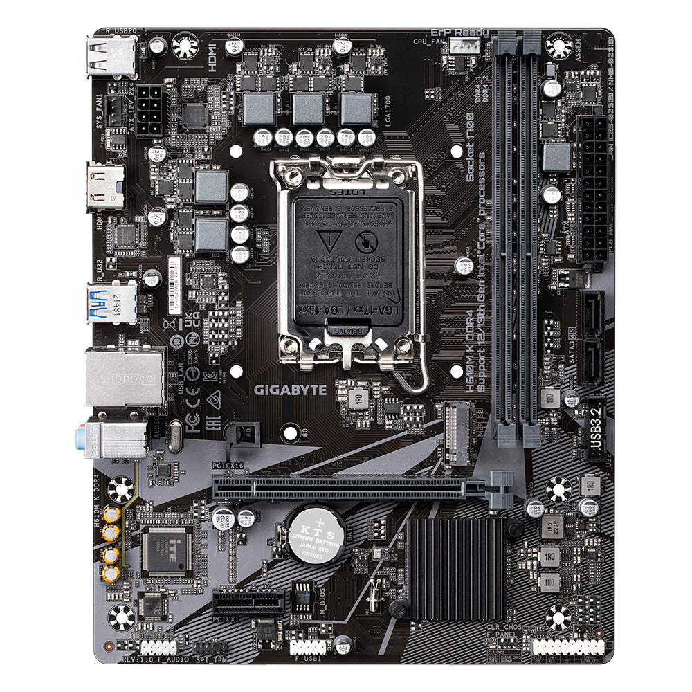 GIGABYTE H610M K DDR4 Motherboard - Supports Intel Core 14th Gen CPUs, up to 3200MHz DDR4, 1xPCIe 3.0 M.2, GbE LAN, USB 3.2 Gen 1