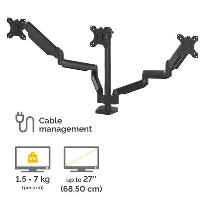 Fellowes Platinum Series Triple Monitor Arm - Monitor Mount for Three 7KG 27 Inch Screens - Adjustable Triple Monitor Desk Mount - Tilt 45° Pan 180° Swivel 360° Rotation 360°, VESA 75 x 75/100 x 100 - Black